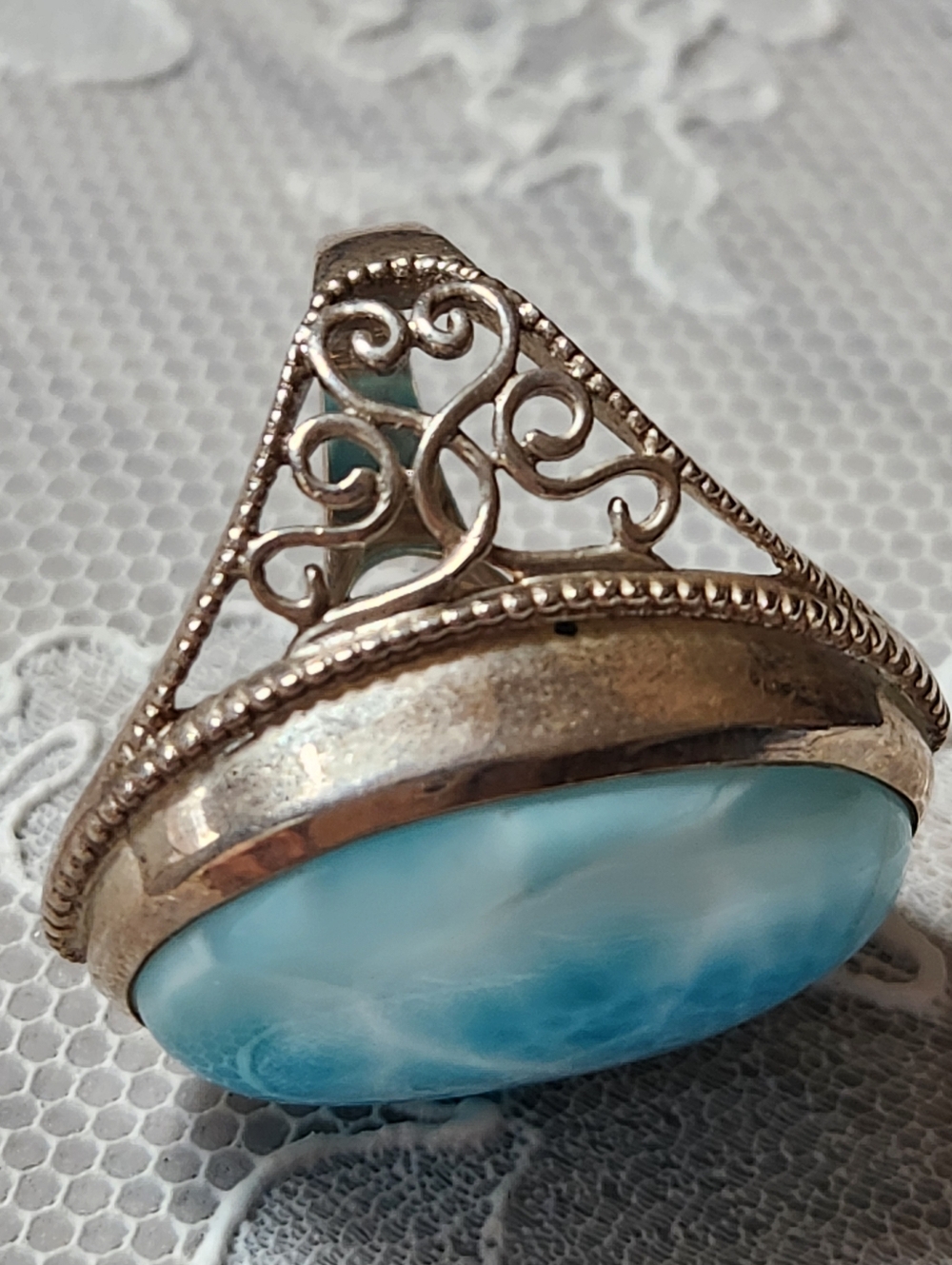 Blue Larimar Sterling Silver Large Oval Statement Ring SIZE 8 - Picture 8 of 14